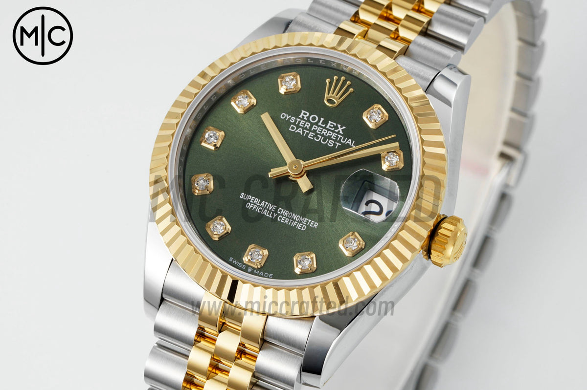 DateJust 31mm Ladies 278273 Fluted Bezel SS/YG Green Diamonds Dial on Jubilee Bracelet – Premium Edition
