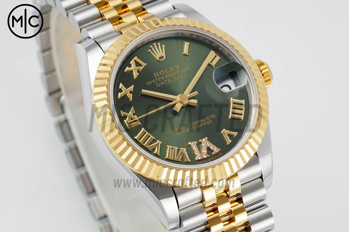 DateJust 31mm Ladies 278273 Fluted Bezel SS/YG Green Roman Dial on Jubilee Bracelet – Premium Edition