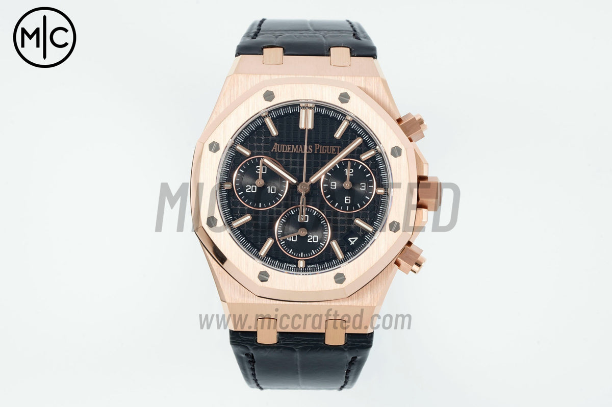 Royal Oak Chrono 41mm 26240 RG Black Dial on Black Leather Bracelet – Premium Edition