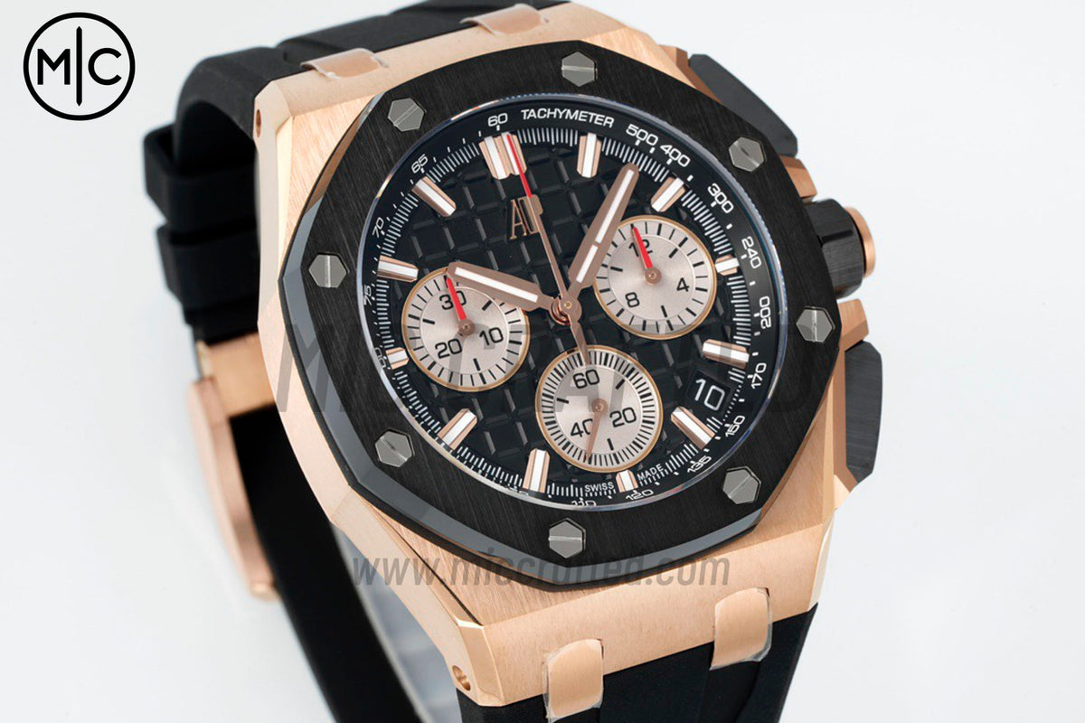 Royal Oak Offshore 43mm 26420 RG Ceramic Bezel Black/Silver Dial on Black Rubber Strap – Premium Edition