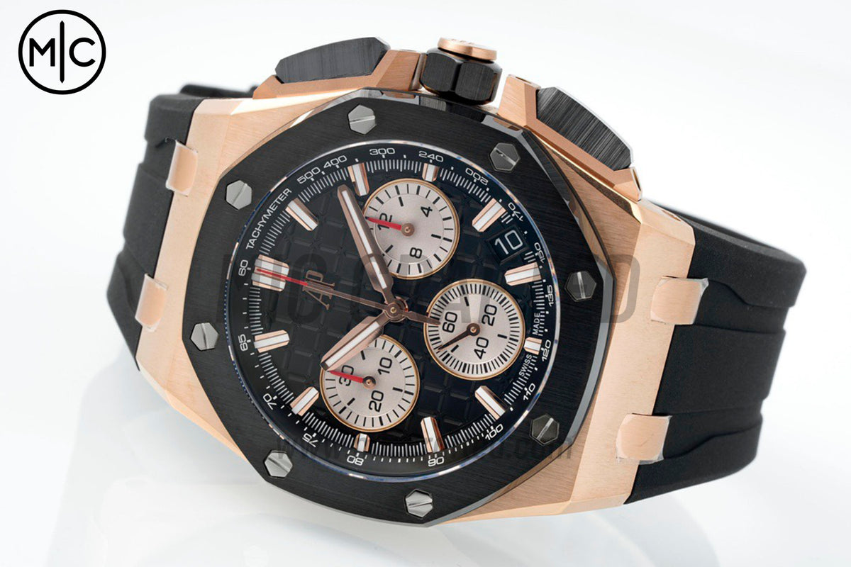Royal Oak Offshore 43mm 26420 RG Ceramic Bezel Black/Silver Dial on Black Rubber Strap – Premium Edition