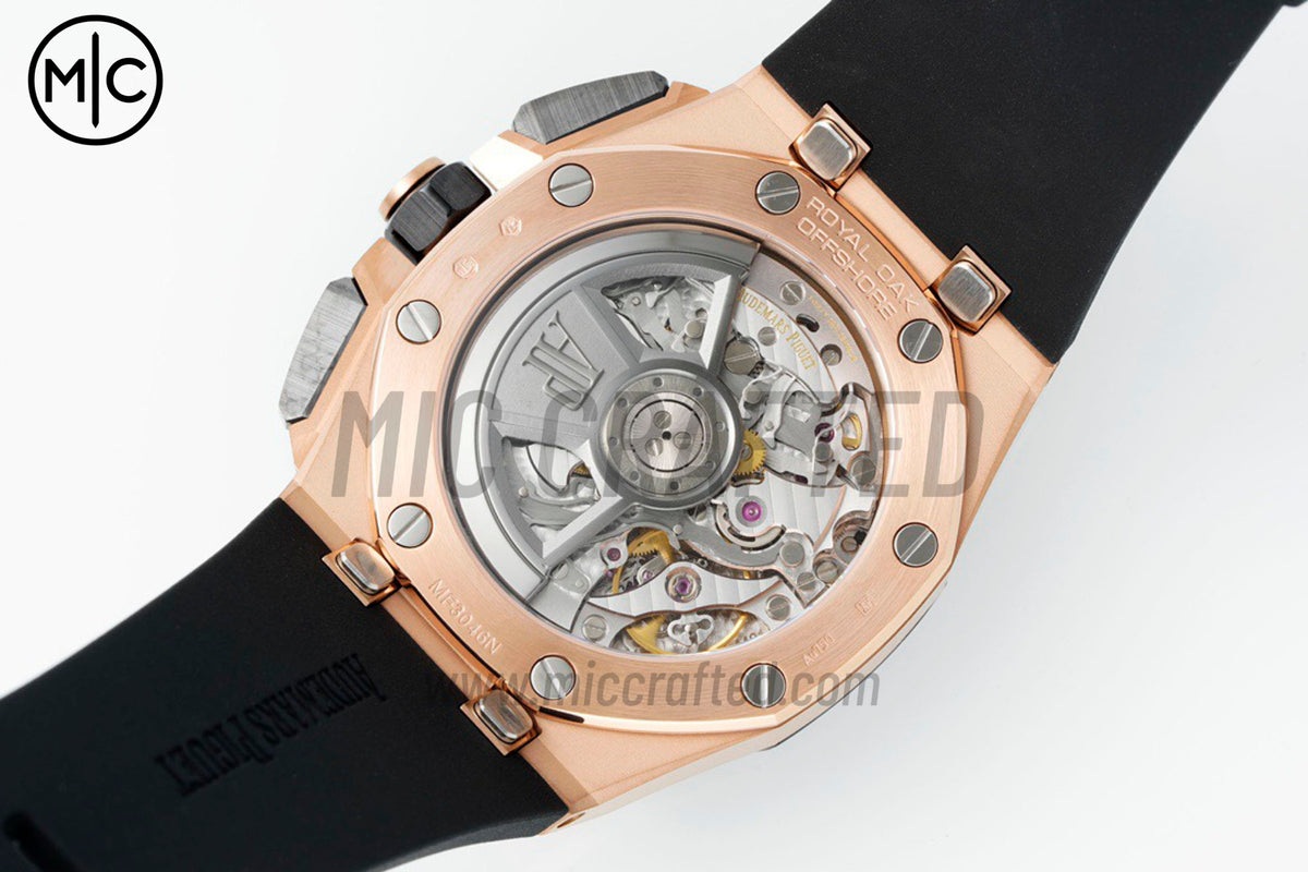 Royal Oak Offshore 43mm 26420 RG Ceramic Bezel Black/Silver Dial on Black Rubber Strap – Premium Edition
