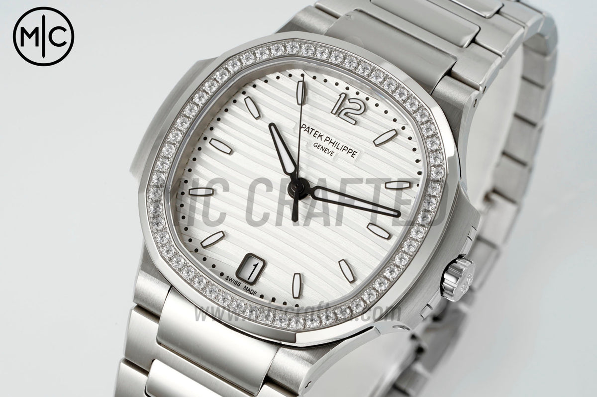 Nautilus 7118 35.2mm Ladies Silver Dial Diamonds Bezel on SS Bracelet – Premium Edition