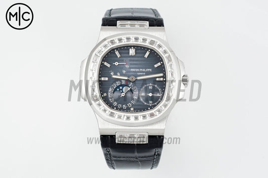 Nautilus 5724 40mm Full Diamonds SS Blue Dial on Black Leather Strap – Premium Edition