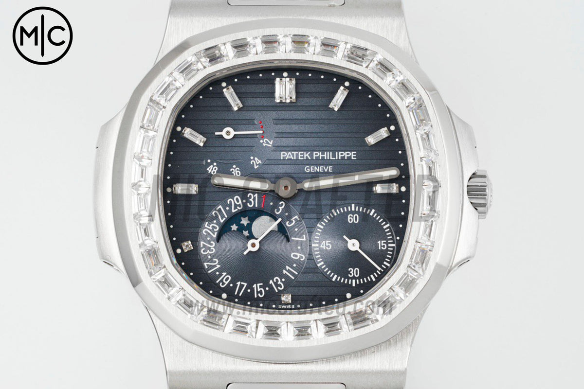 Nautilus 5724 40mm Full Diamonds SS Blue Dial on Black Leather Strap – Premium Edition