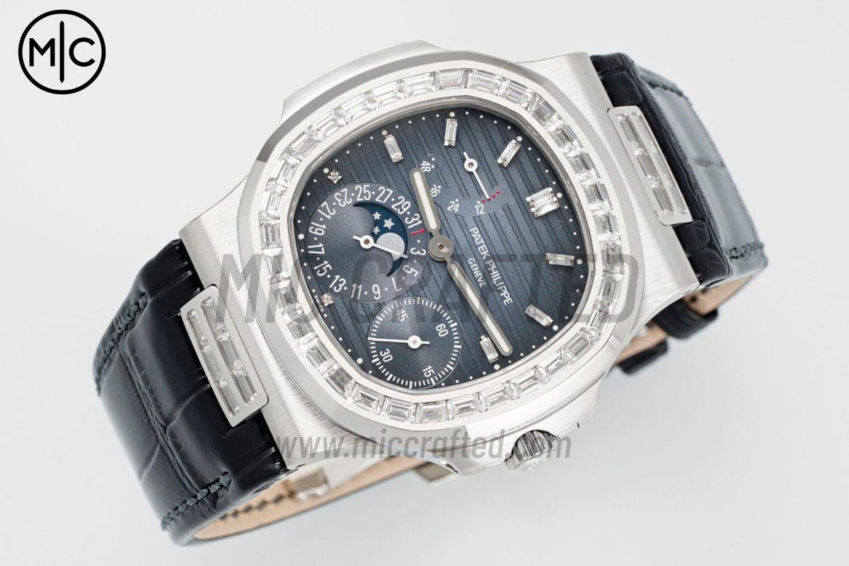 Nautilus 5724 40mm Full Diamonds SS Blue Dial on Black Leather Strap – Premium Edition