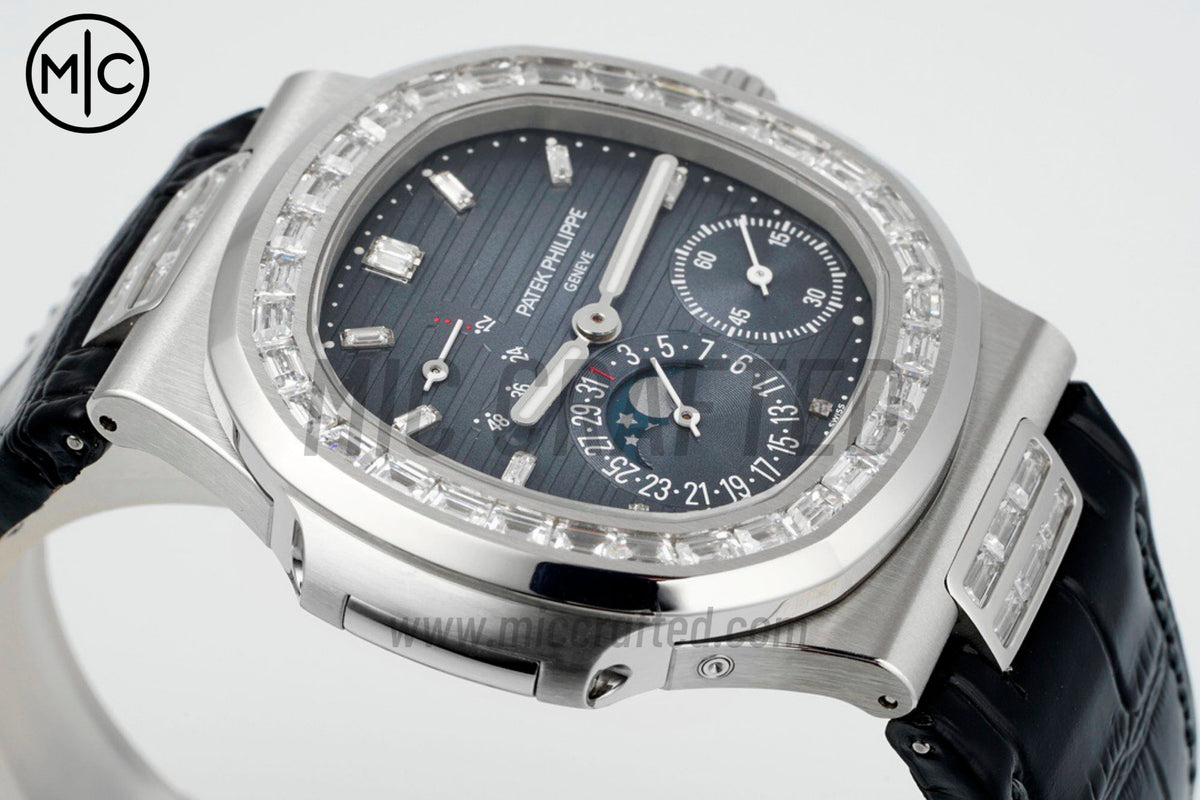 Nautilus 5724 40mm Full Diamonds SS Blue Dial on Black Leather Strap – Premium Edition