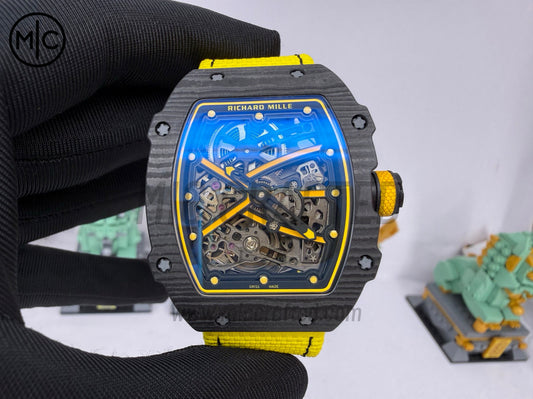 RM67-02 Black NTPT Yellow Skeleton Dial on Yellow Velcro Strap – Handcrafted Version