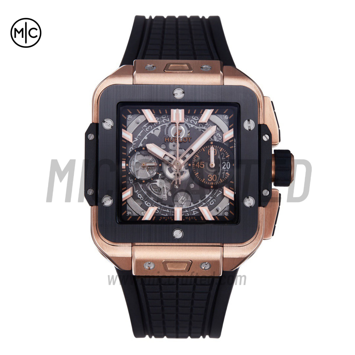 Square Bang Unico 42mm RG Skeleton Dial Ceramic Bezel on Black Rubber Strap – Premium Edition