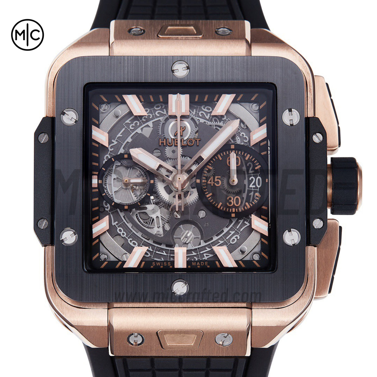 Square Bang Unico 42mm RG Skeleton Dial Ceramic Bezel on Black Rubber Strap – Premium Edition