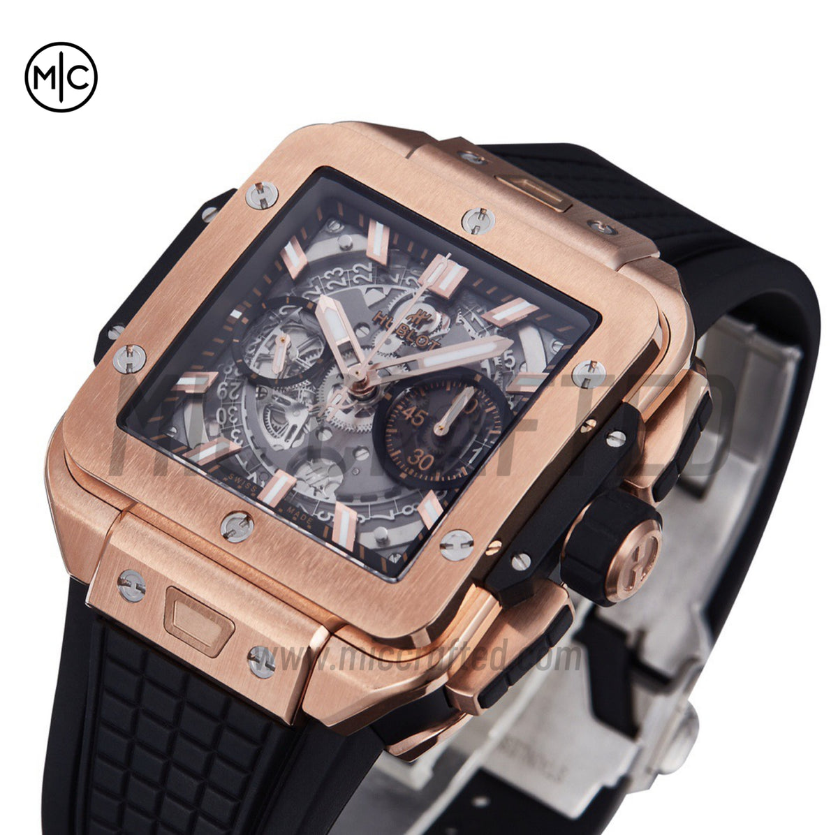 Square Bang Unico 42mm RG Skeleton Dial on Black Rubber Strap – Premium Edition