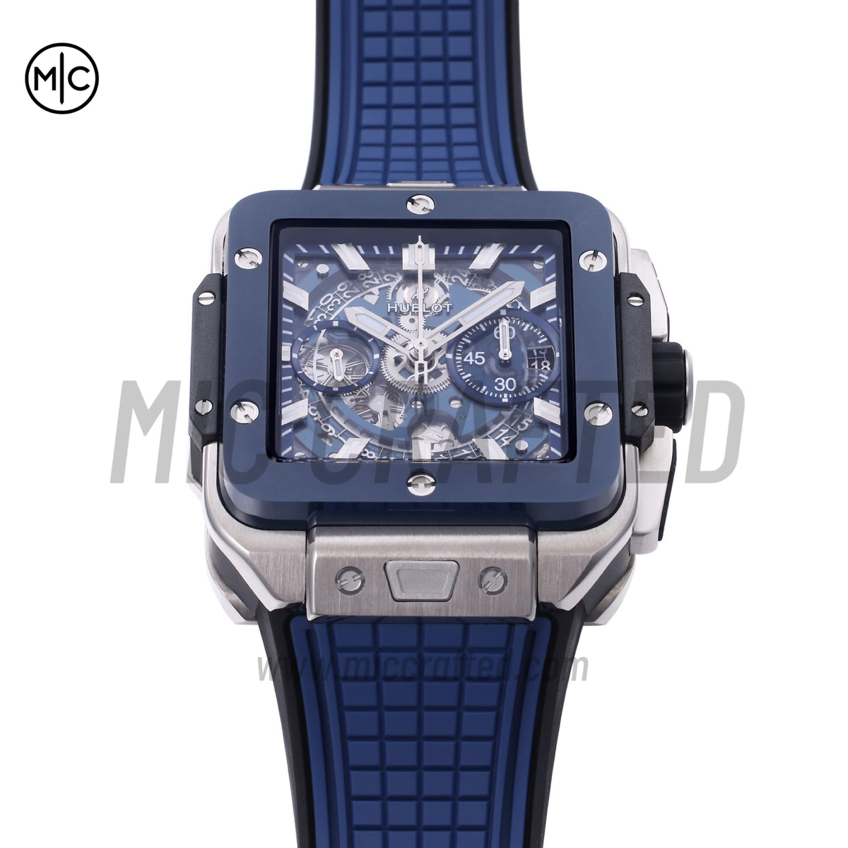 Square Bang Unico 42mm Titanium Blue Ceramic Bezel Skeleton Dial on Blue Rubber Strap – Premium Edition