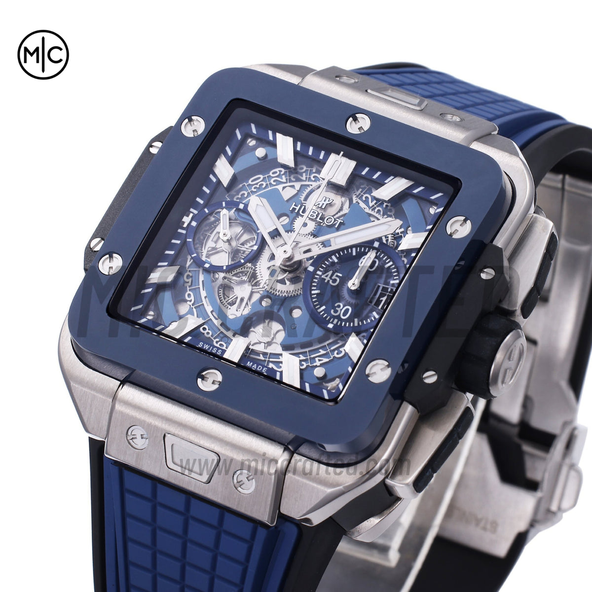 Square Bang Unico 42mm Titanium Blue Ceramic Bezel Skeleton Dial on Blue Rubber Strap – Premium Edition
