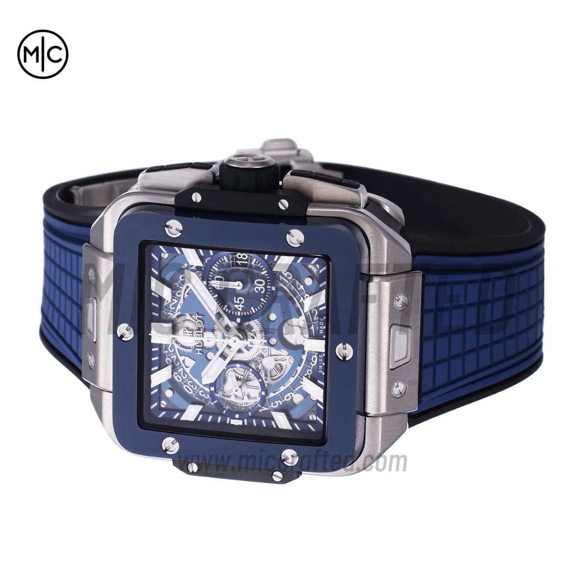 Square Bang Unico 42mm Titanium Blue Ceramic Bezel Skeleton Dial on Blue Rubber Strap – Premium Edition