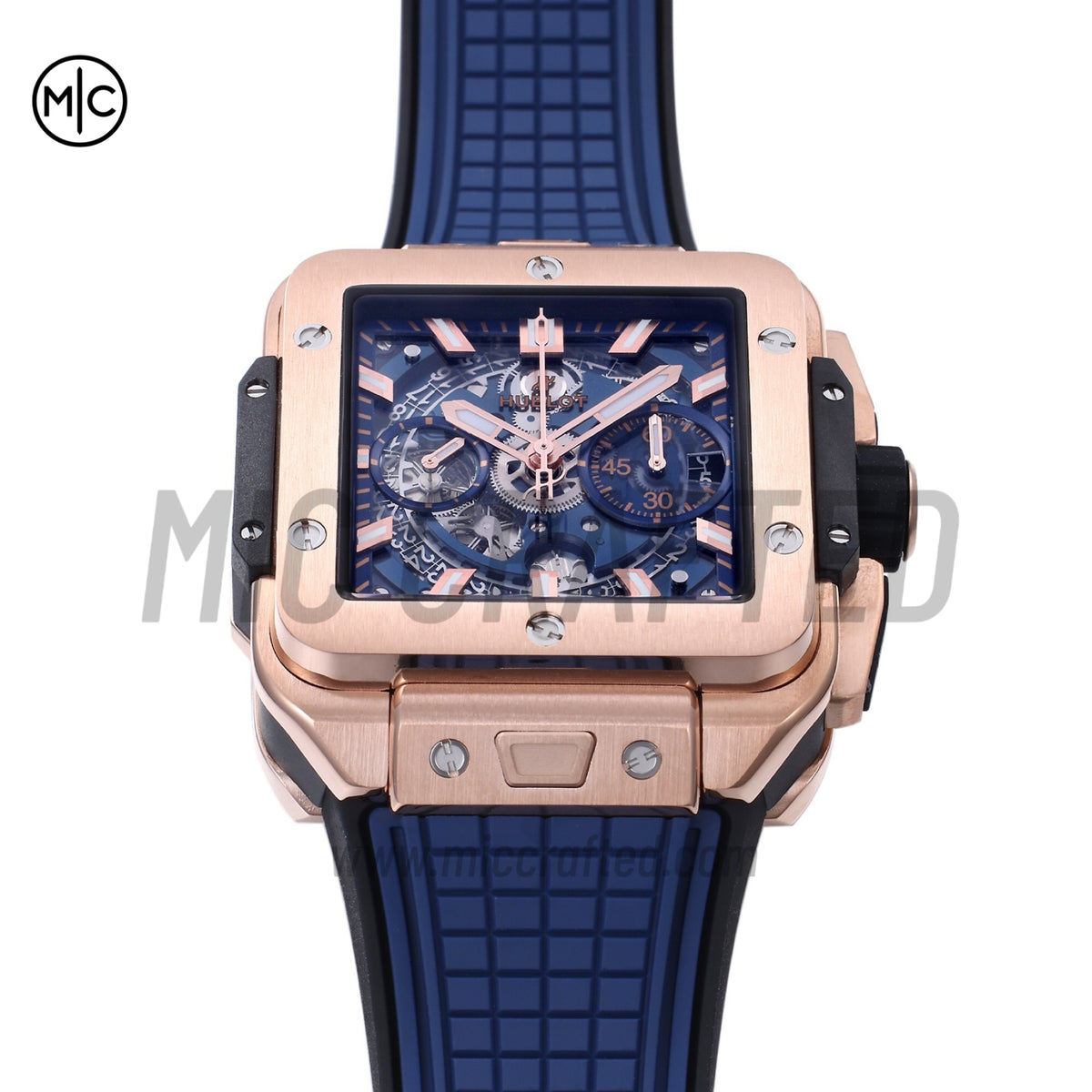 Square Bang Unico 42mm RG Blue Skeleton Dial on Blue Rubber Strap – Premium Edition