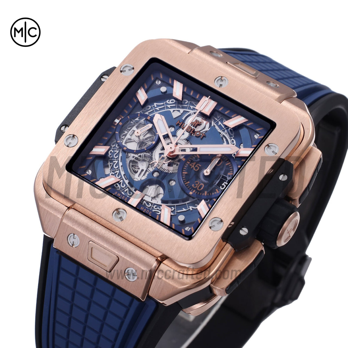 Square Bang Unico 42mm RG Blue Skeleton Dial on Blue Rubber Strap – Premium Edition
