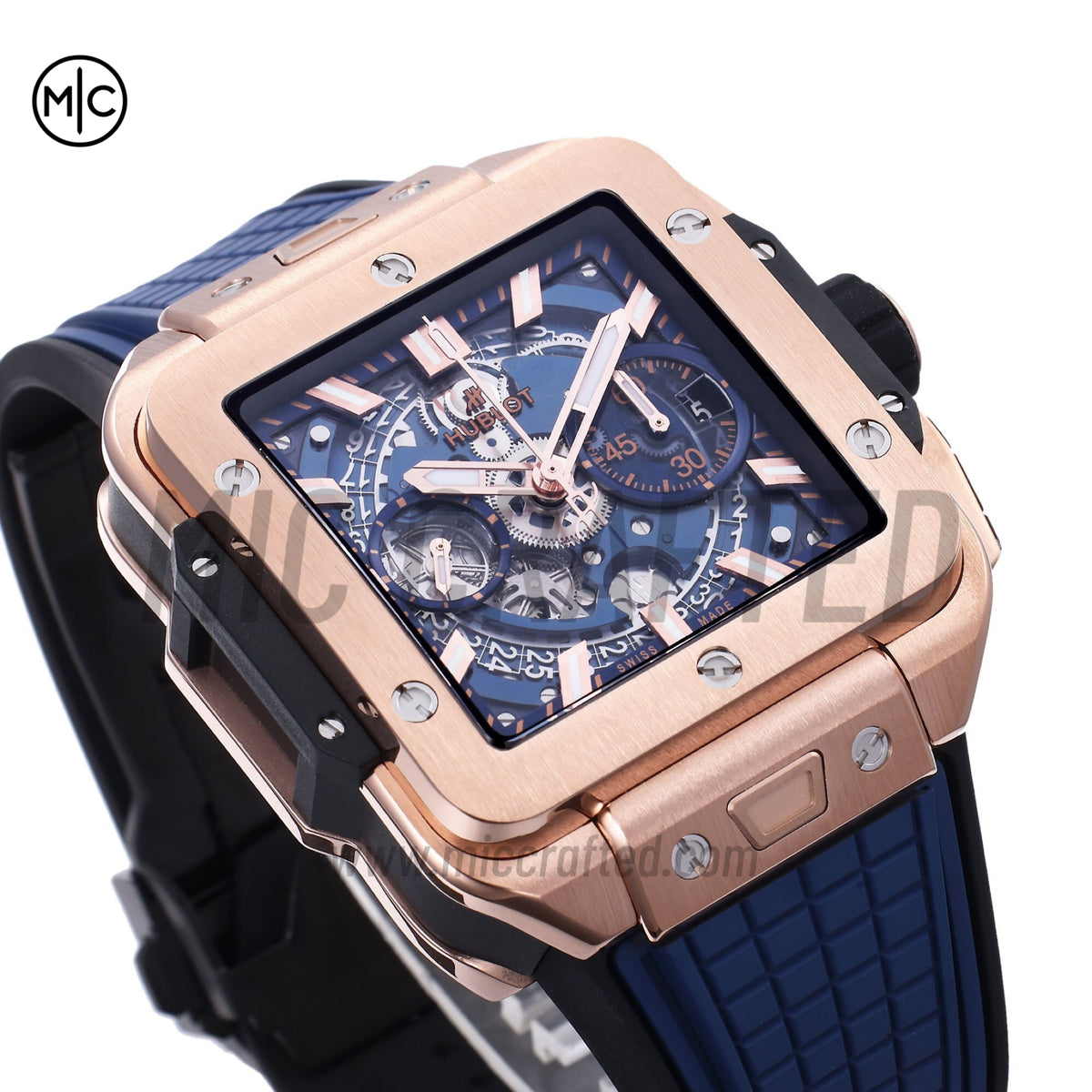 Square Bang Unico 42mm RG Blue Skeleton Dial on Blue Rubber Strap – Premium Edition