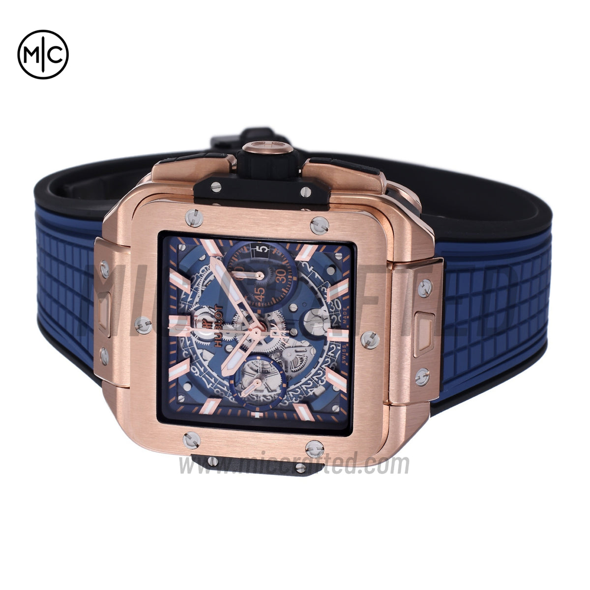 Square Bang Unico 42mm RG Blue Skeleton Dial on Blue Rubber Strap – Premium Edition