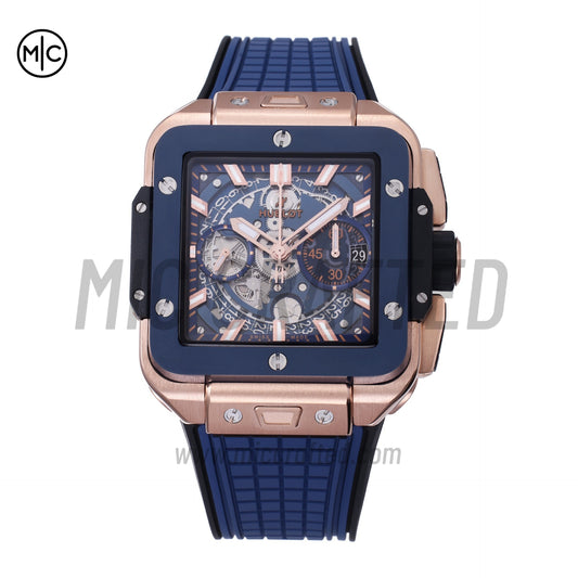 Square Bang Unico 42mm RG Blue Ceramic Bezel Skeleton Dial on Blue Rubber Strap – Premium Edition
