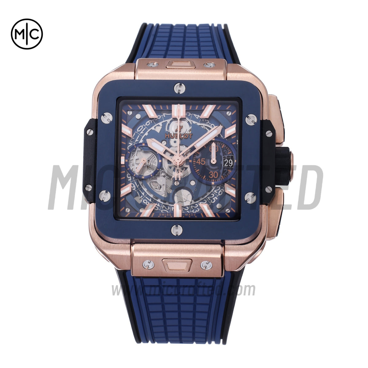 Square Bang Unico 42mm RG Blue Ceramic Bezel Skeleton Dial on Blue Rubber Strap – Premium Edition