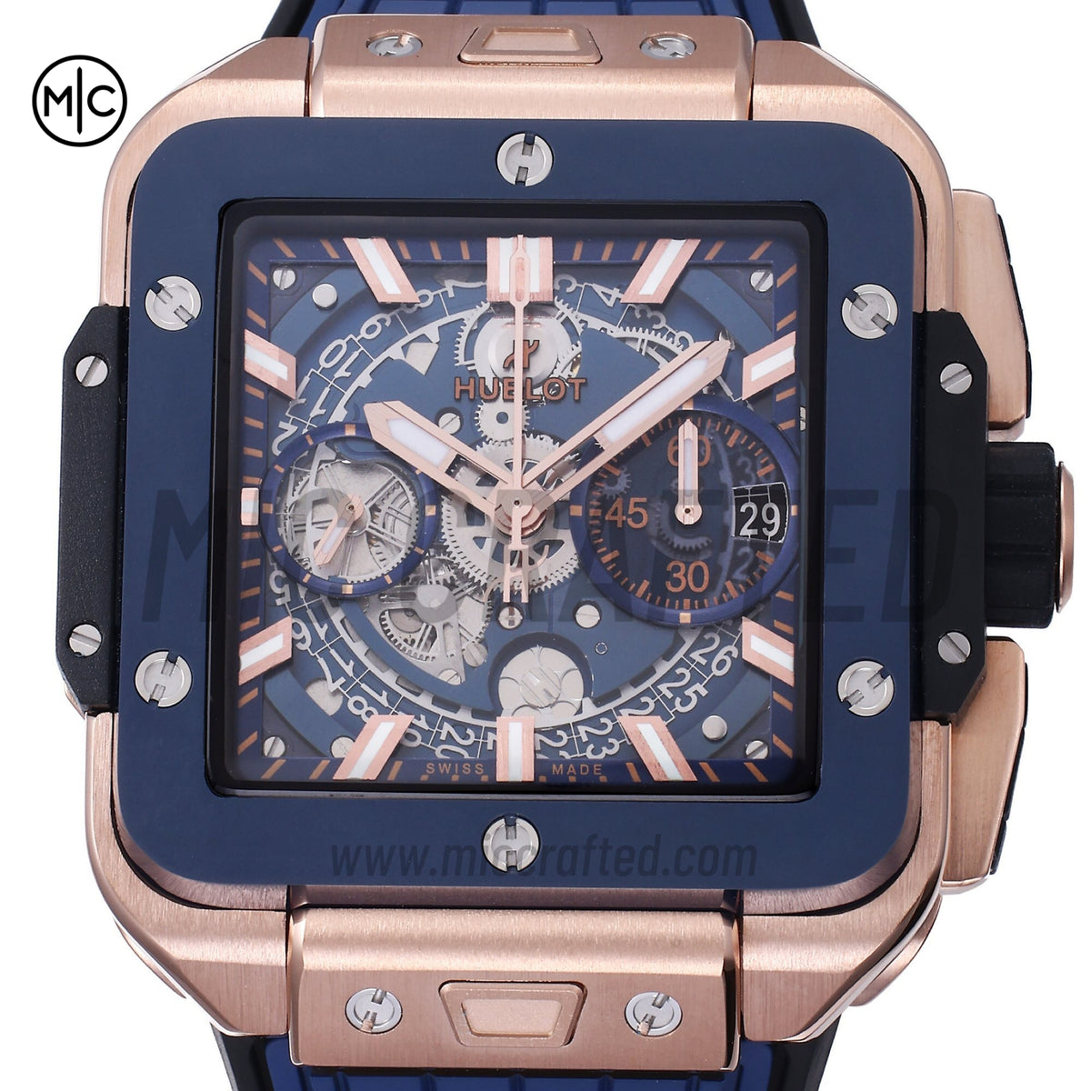 Square Bang Unico 42mm RG Blue Ceramic Bezel Skeleton Dial on Blue Rubber Strap – Premium Edition