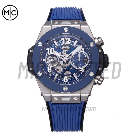 Big Bang Unico 42mm SS Skeleton Dial Blue Ceramic Bezel on Blue Rubber Strap – Premium Edition