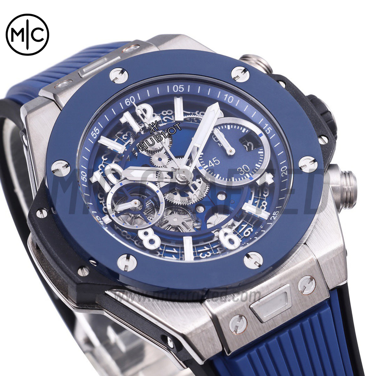 Big Bang Unico 42mm SS Skeleton Dial Blue Ceramic Bezel on Blue Rubber Strap – Premium Edition