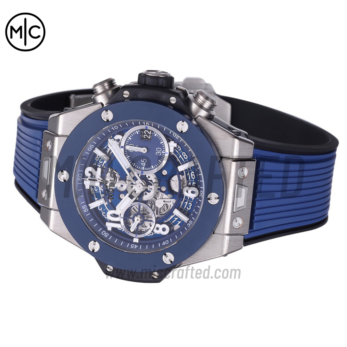 Big Bang Unico 42mm SS Skeleton Dial Blue Ceramic Bezel on Blue Rubber Strap – Premium Edition