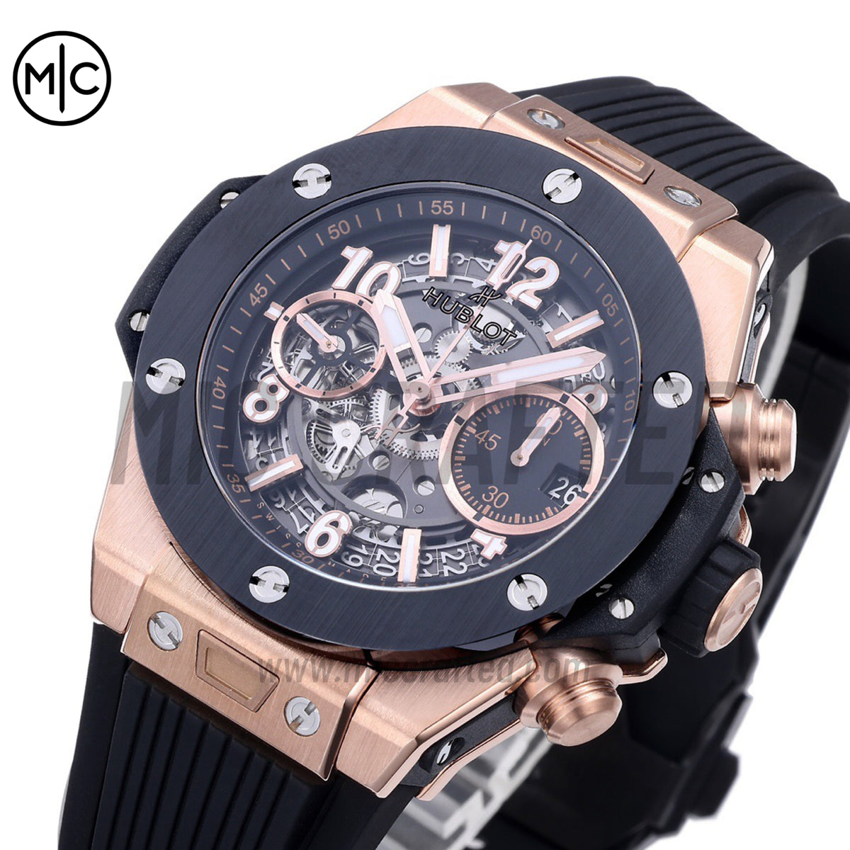 Big Bang Unico 42mm RG Skeleton Dial Black Ceramic Bezel on Black Rubber Strap – Premium Edition
