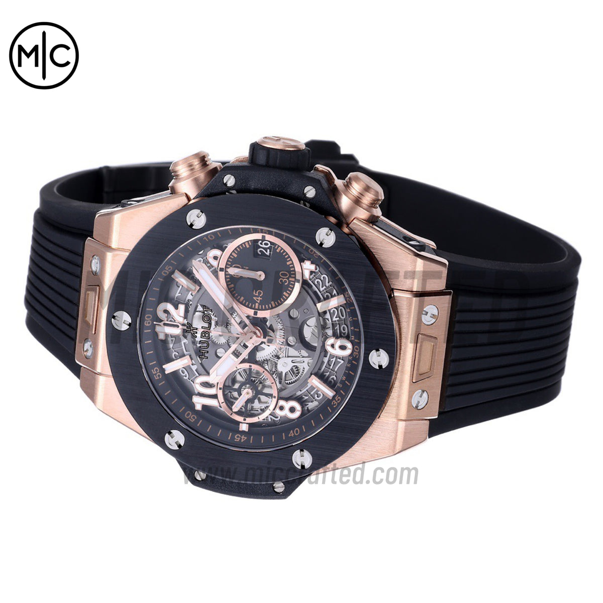 Big Bang Unico 42mm RG Skeleton Dial Black Ceramic Bezel on Black Rubber Strap – Premium Edition