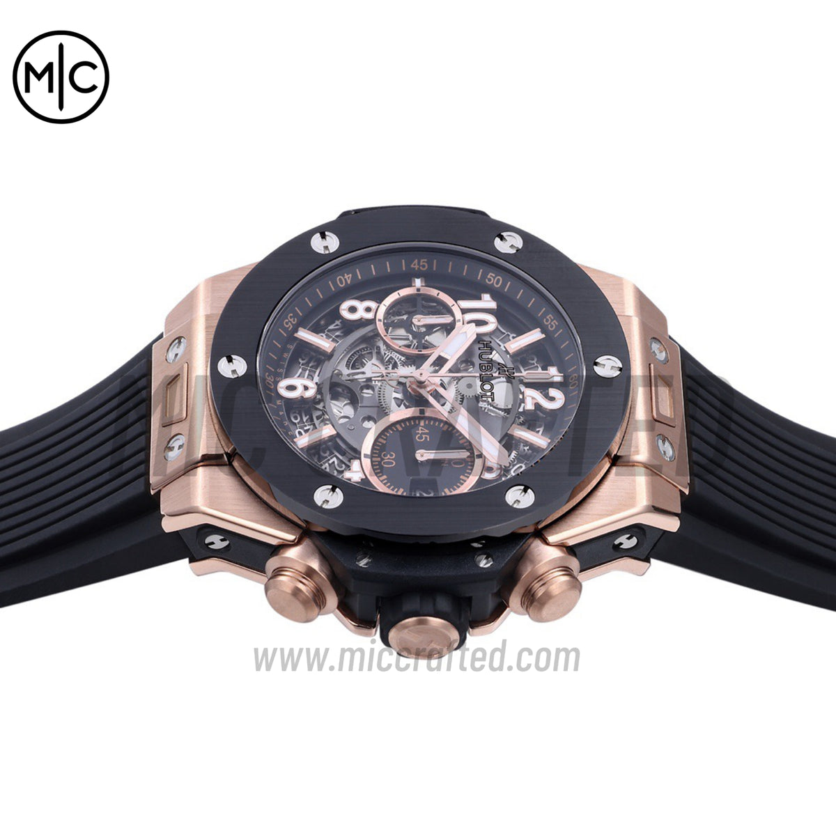 Big Bang Unico 42mm RG Skeleton Dial Black Ceramic Bezel on Black Rubber Strap – Premium Edition