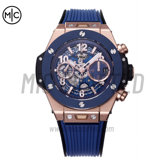 Big Bang Unico 42mm RG Skeleton Dial Blue Ceramic Bezel on Blue Rubber Strap – Premium Edition