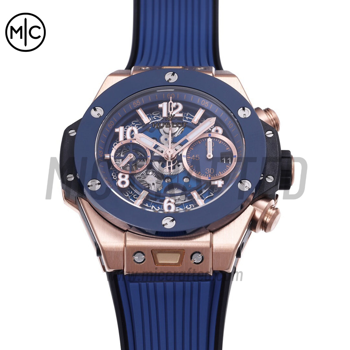 Big Bang Unico 42mm RG Skeleton Dial Blue Ceramic Bezel on Blue Rubber Strap – Premium Edition