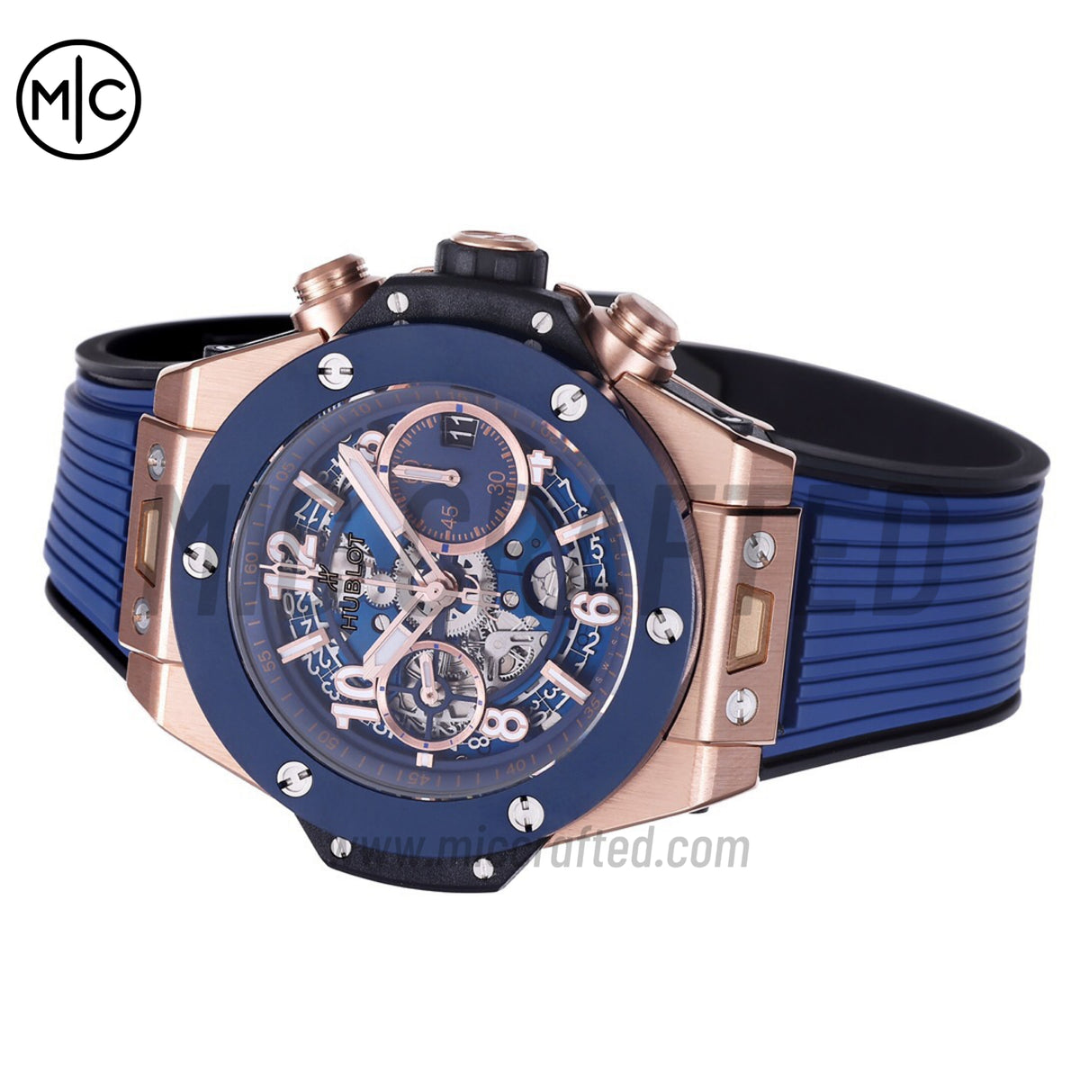 Big Bang Unico 42mm RG Skeleton Dial Blue Ceramic Bezel on Blue Rubber Strap – Premium Edition