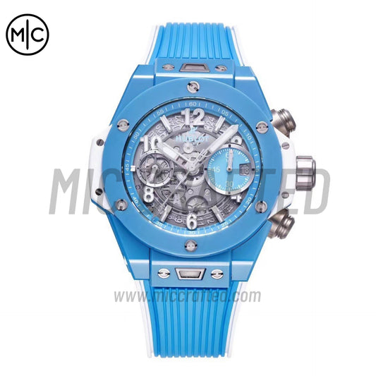 Big Bang Unico Sky Blue Ceramic BBF Skeleton Dial on Blue/White Rubber Strap – Premium Edition