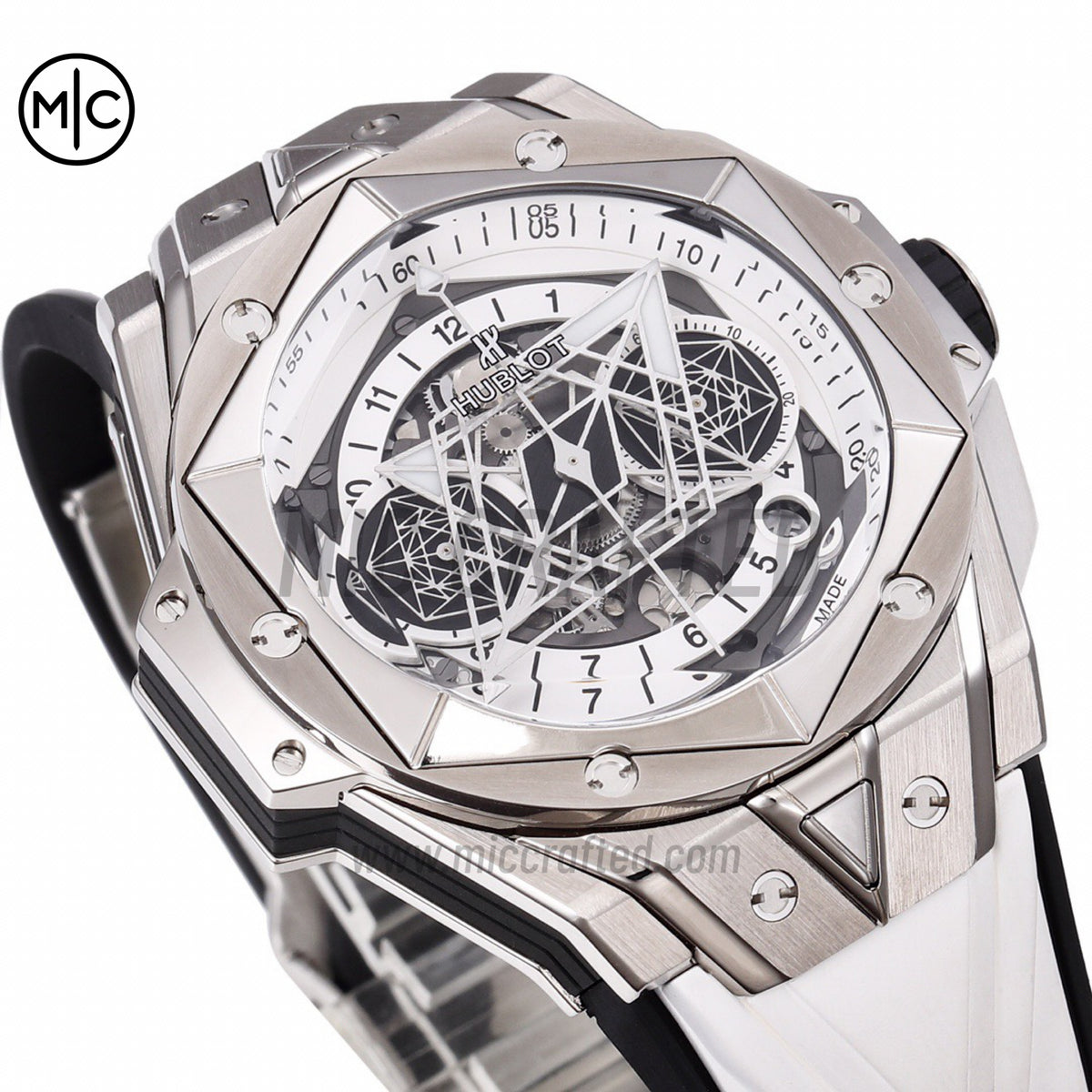 Big Bang Sang Bleu II Chrono SS White Dial on White Rubber Strap – Premium Edition
