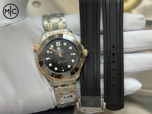 Seamaster Diver 300M SS/RG Black Ceramic Black Dial on SS/RG Bracelet – Premium Edition