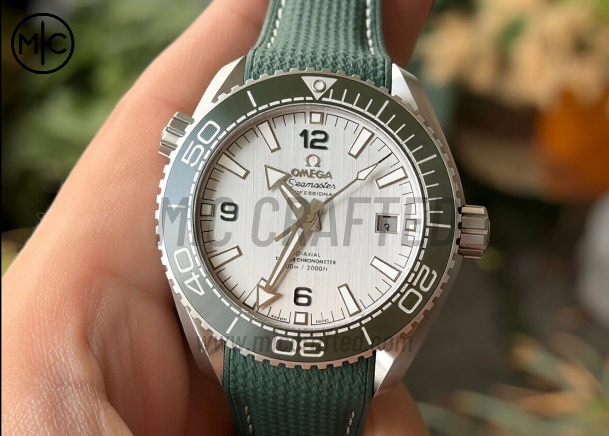 Planet Ocean 43.5mm SS Green Bezel White Dial on Green Rubber Strap – Premium Edition