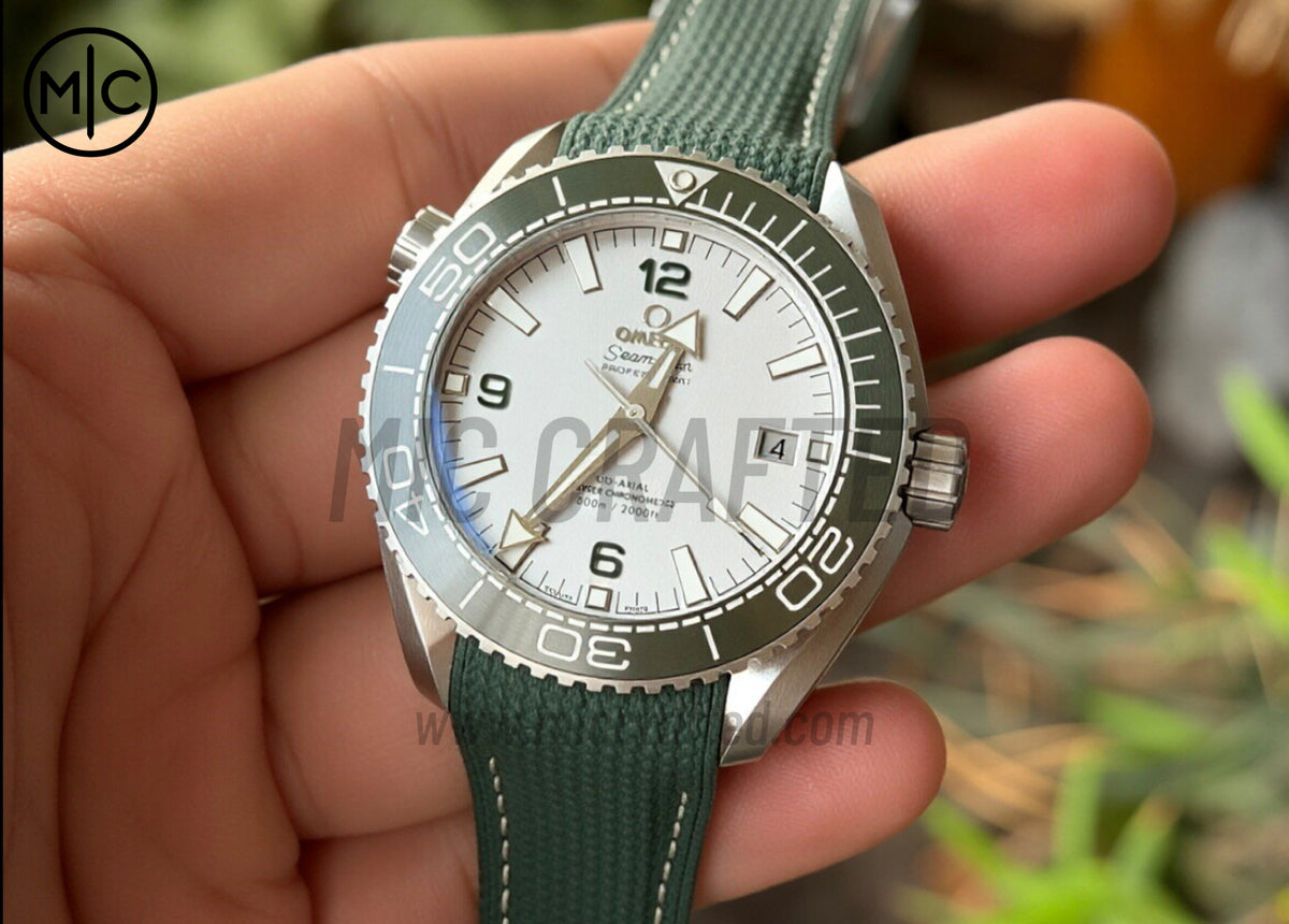 Planet Ocean 43.5mm SS Green Bezel White Dial on Green Rubber Strap – Premium Edition