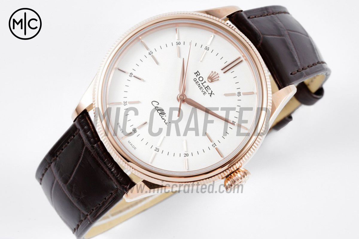 Cellini 50505 39mm RG 白色錶面棒狀刻度配棕色皮革錶帶 - 高級版