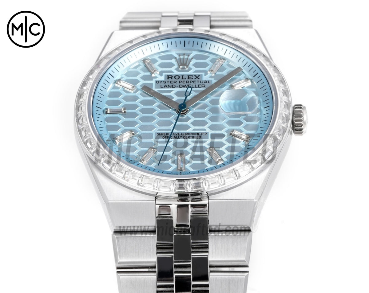 Land Dweller 40mm 127386 Ice Blue Dial Diamonds Bezel on SS Bracelet – Premium Edition