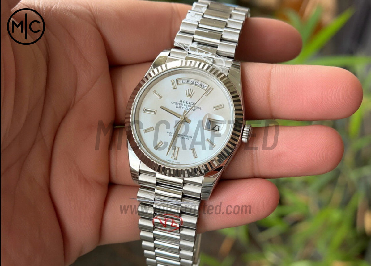 DayDate 40mm 228236 White MOP Crystal Dial on President Bracelet – Premium Edition