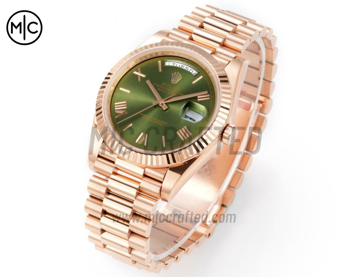 Day Date 40mm RG 228235 Green Roman Dial on President Bracelet – Premium Edition
