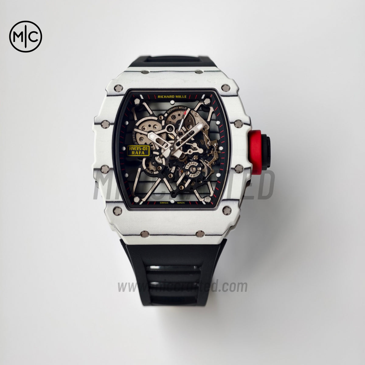 RM035-01 白色 NTPT 鏤空錶盤搭配黑色橡膠錶帶 - 手工製作版