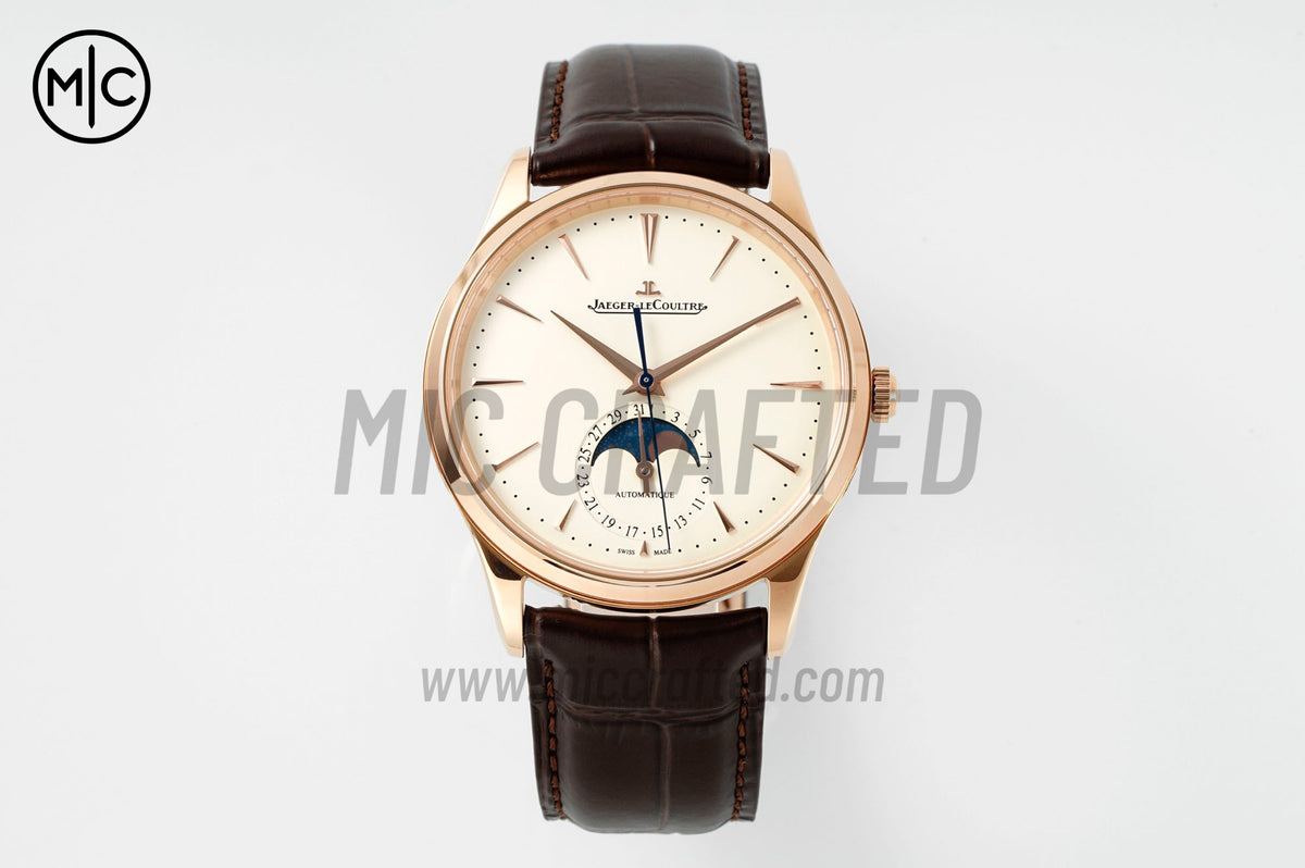 Master Ultra Thin Moon RG White Dial on Brown Leather Strap – Premium Edition