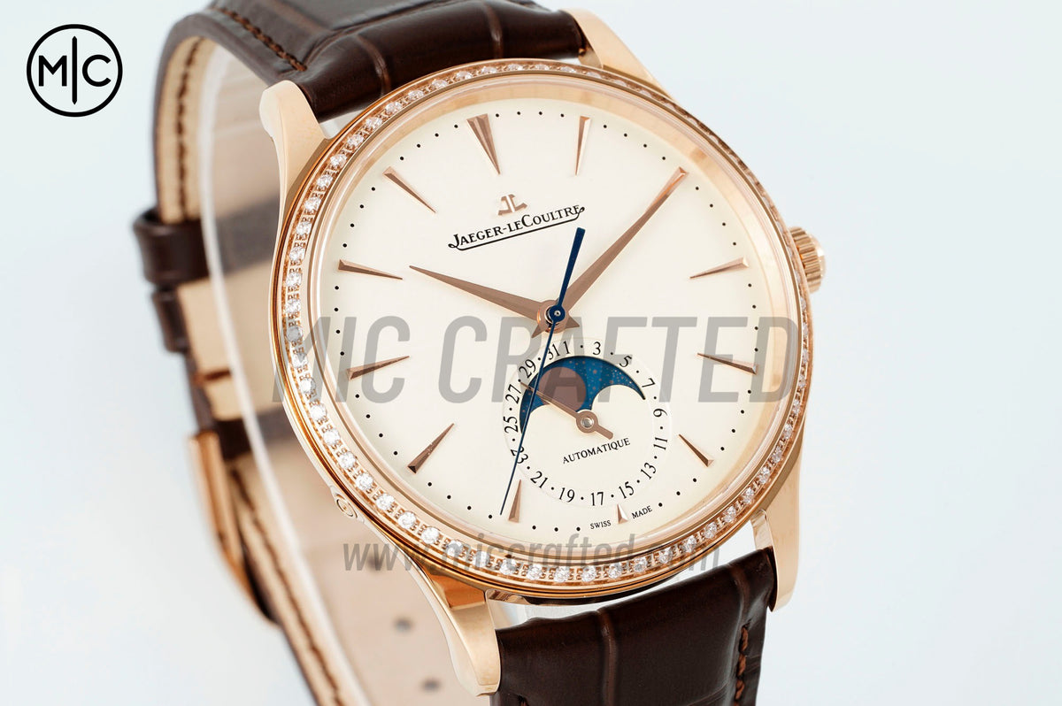 Master Ultra Thin Moon RG White Dial Diamonds Bezel on Brown Leather Strap – Premium Edition