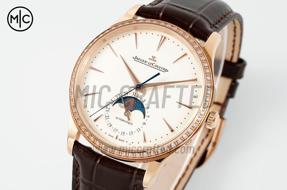 Master Ultra Thin Moon RG White Dial Diamonds Bezel on Brown Leather Strap – Premium Edition