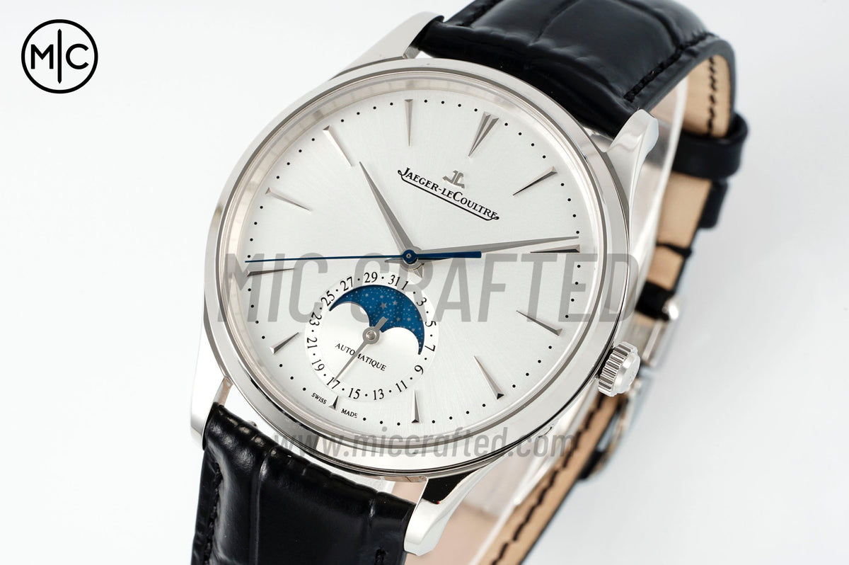 Master Ultra Thin Moon SS Silver Dial on Black Leather Strap – Premium Edition