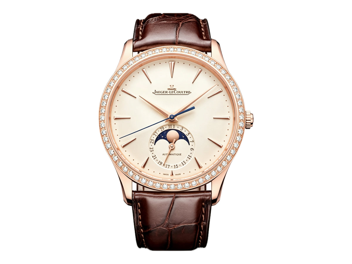 Master Ultra Thin Moon RG White Dial Diamonds Bezel on Brown Leather Strap – Premium Edition
