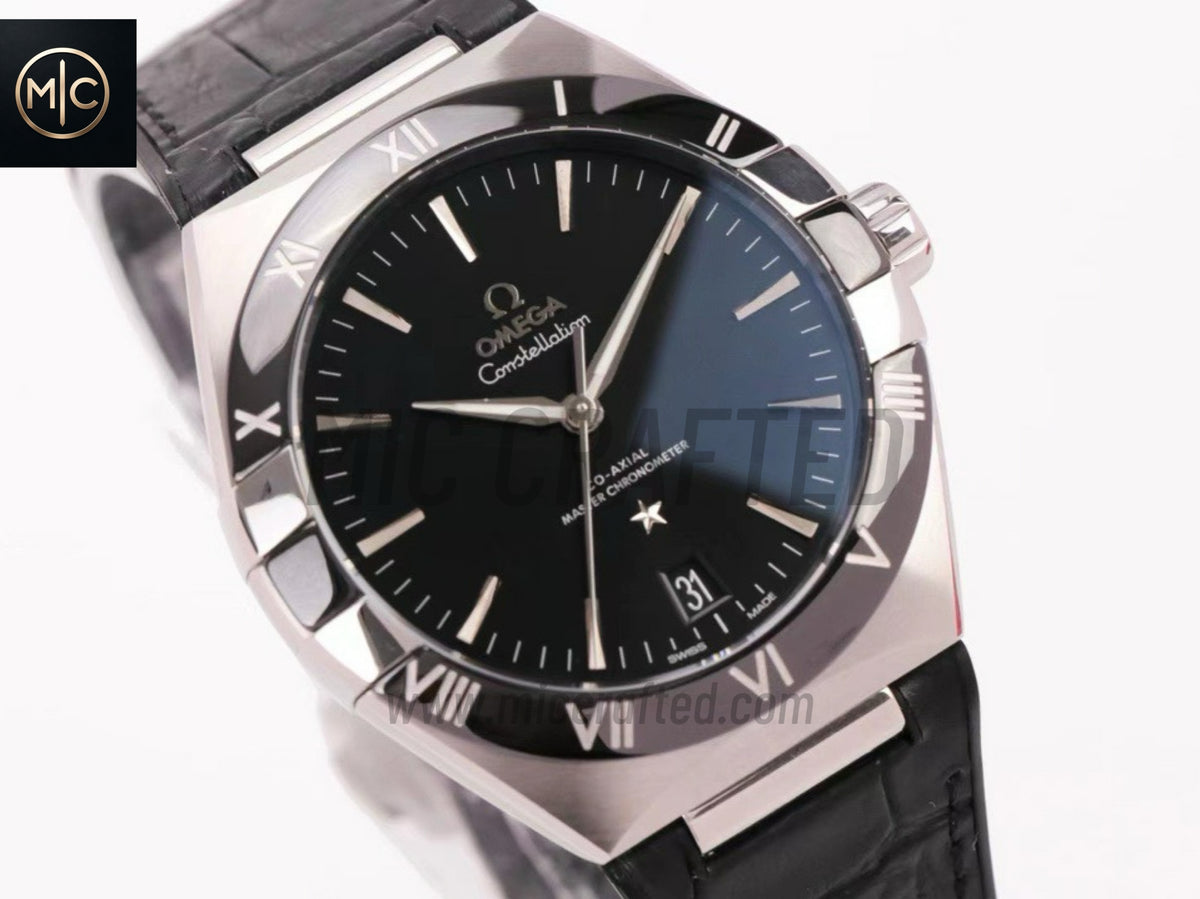 Constellation 41mm Black Ceramic Black Dial on Leather Clad Rubber Strap – Premium Edition